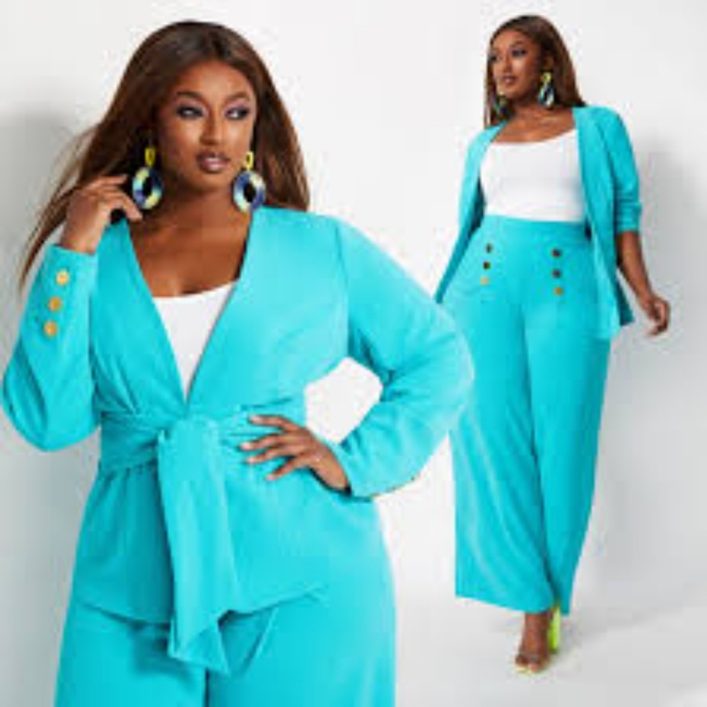 Crepe Collarless Belted Jacket Suit Set - Picture 1 of 10